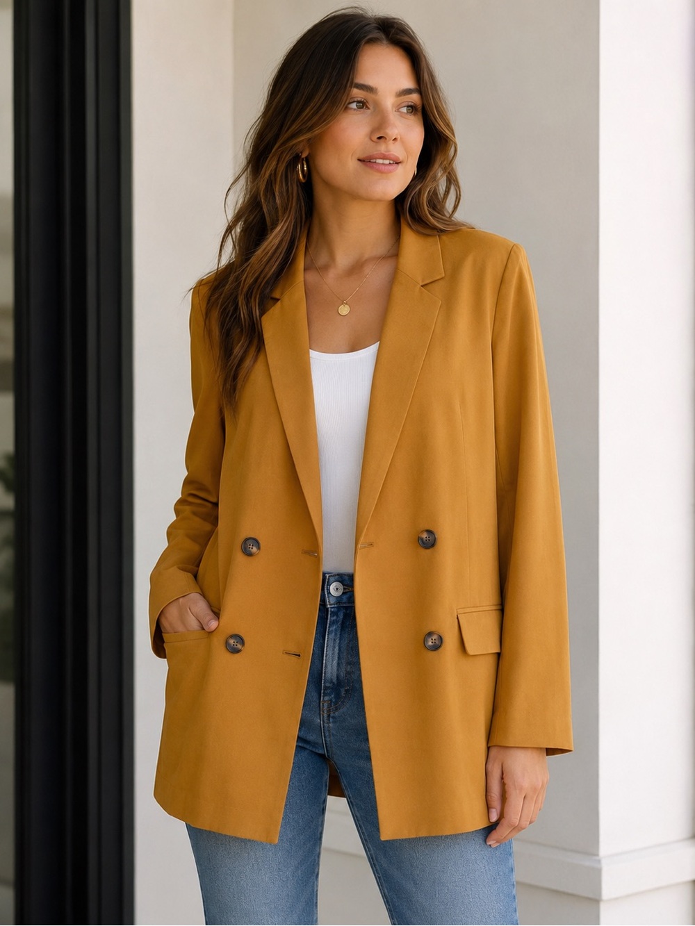 Elizabeth and James Blazer Jacket Size Large Mustard Double Breasted Career Chic